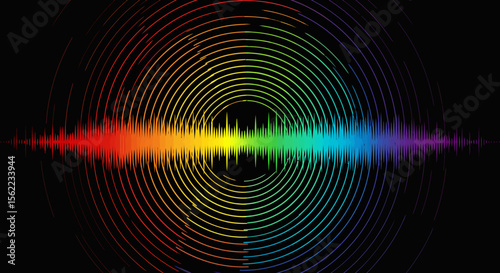 Rainbow sound wave design colored lines form concentric circles around a vibrant complex sound wave pattern on a black background