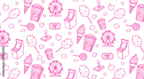 Carnival Sweets Seamless Pattern. Cute pink doodle background with popcorn, ice cream, and a ferris wheel for fabric, wallpaper, or party decor.