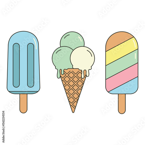 "Colorful Cartoon Ice Cream and Popsicle Illustration – Cute Summer Dessert Clipart Set"

