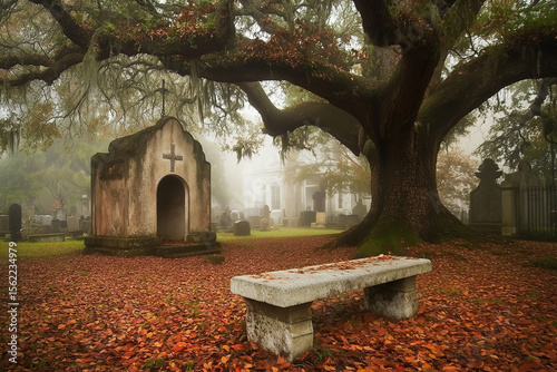A stone bench under large, old tree in a misty cemetery, fallen leaves on ground. Generative AI