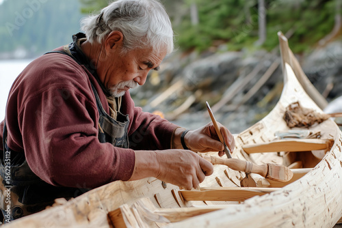 Kayak builder creaiting beautiful canoe in scenic woodshop by tranquil water. Generative AI