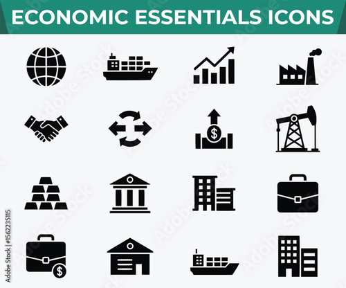 Economic Essentials Icon Set. Business and finance glyph symbols for infographics, presentations, or web design. Vector collection of global trade icons.