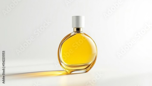 Elegant oval glass perfume bottle with golden liquid isolated on white background