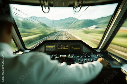 Pilot is sitting in simulator cockpit, overlooking breathtaking scenic landscape. Generative AI