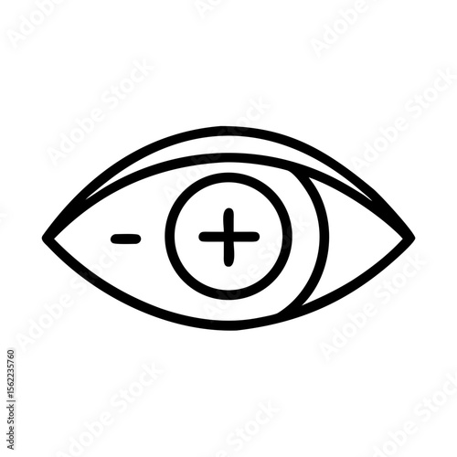 Eye with plus sign icon for vision check, health awareness, minimalist design, black and white on transparent background