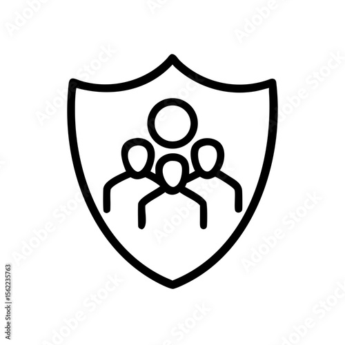 Family with shield icon for health protection, minimalist design, black and white on transparent background