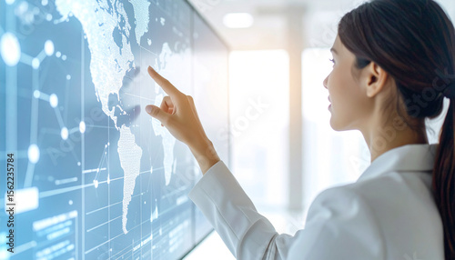 Global Perspective: A visionary woman in a modern office explores the world, interacting with a dynamic touch screen. Imbued with innovation and insight, ready to uncover global patterns.