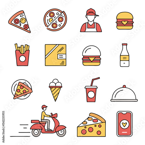 A collection of flat design icons representing various fast food items and delivery services perfect for online ordering platforms and mobile applications