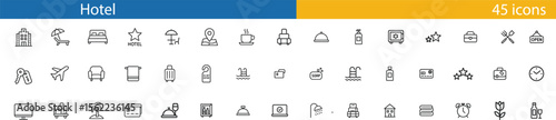 Collection of hotel and travel related line icons for hospitality services