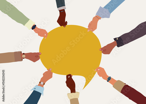 Team agreement and business collaboration with diverse hands around a speech bubble
