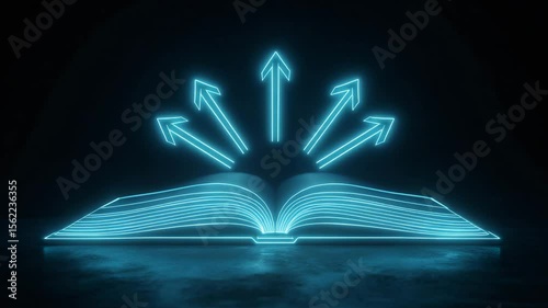 Digital Open Book with Glowing Blue Neon Growth Arrows, Professional Development and Leadership Skills Concept for Career Advancement, Knowledge Expansion and Personal Growth Guidance, Video
