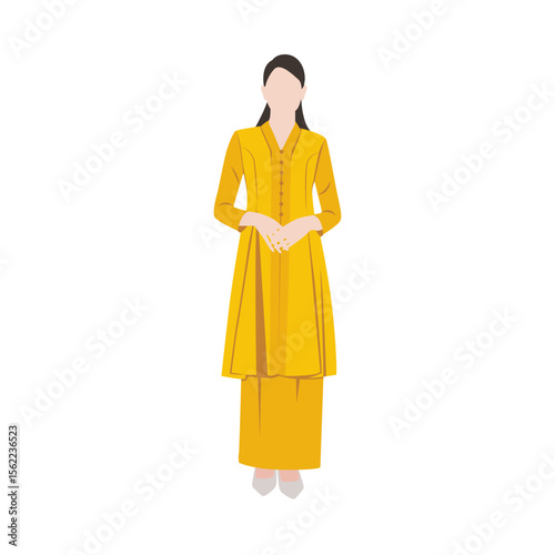 Vector flat illustration. Malaysian Malay woman wearing traditional attire called Baju Kebarung