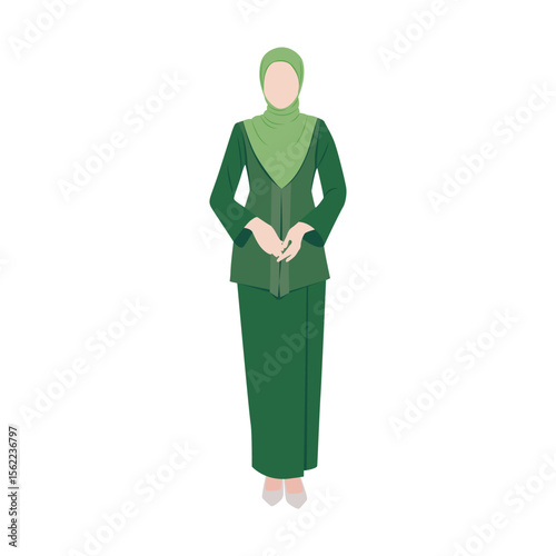 Vector flat illustration. Malaysian Malay woman wearing traditional attire called Baju Kebaya