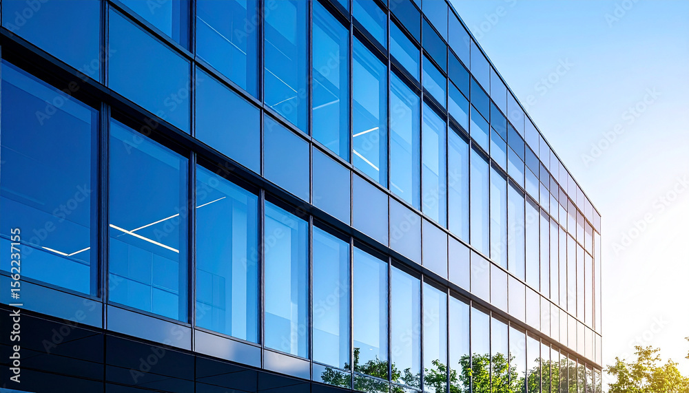 Obraz premium Modern Architectural Marvel: A contemporary office building with a glass facade. The sun reflects off the sleek glass, which is designed with sharp lines.