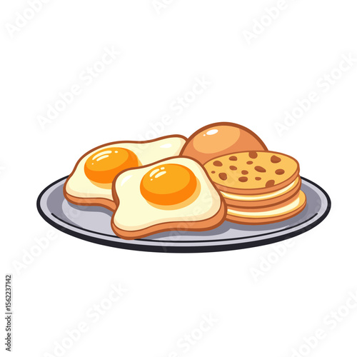 Breakfast tray with eggs and pancakes, delicious morning concept