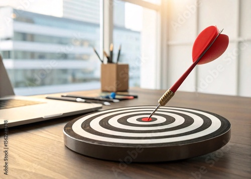3D dart hitting center of target board on office desk, dart on target