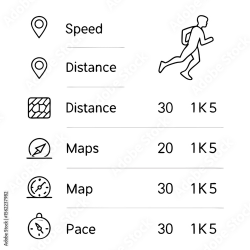Running statistics and metrics displayed with icons for speed distance maps and pace alongside a runner silhouette