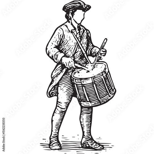 Vintage engraving of a Revolutionary War drummer soldier, classic military music art