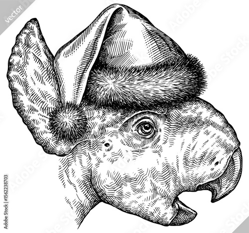 Vintage engraving isolated Triceratops set dressed christmas illustration reptile ink santa costume sketch. Dinosaur background silhouette Jurassic new year hat art. Hand drawn vector image