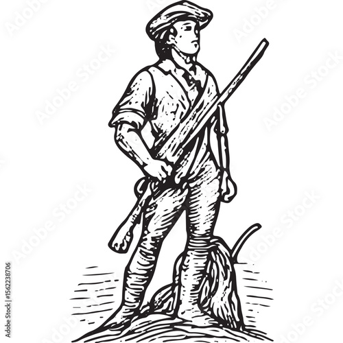 Vintage engraving of a Revolutionary War soldier with musket, showcasing classic American history art