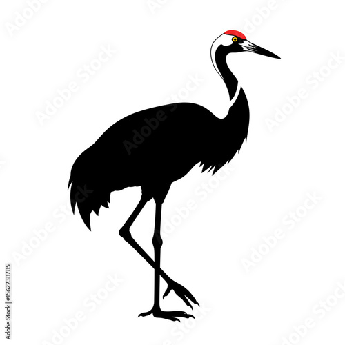 Illustration of a black necked crane standing alone silhouette