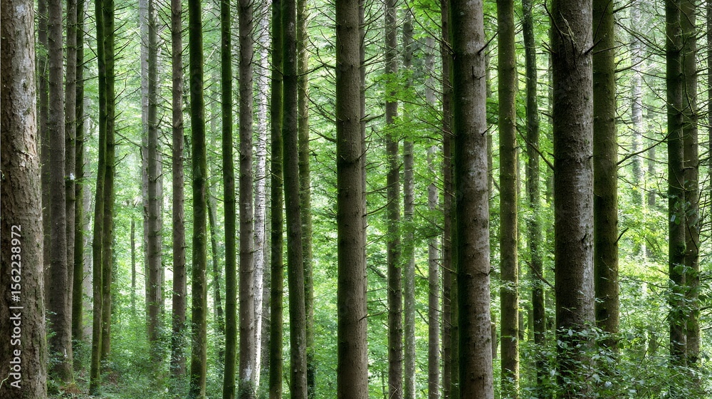 Lush Green Forest of Tall Trees in Sunlight Lush Green Forest of Tall Trees in Sunlight