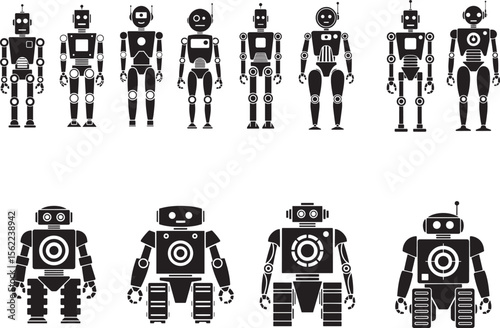 Collection of diverse robot characters in a clean black and white silhouette style