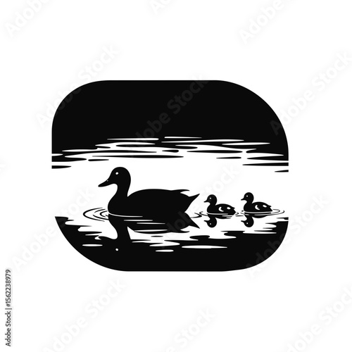 Silhouette of duck family swimming on the water body