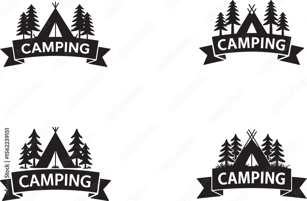 Obraz premium Camping tent and trees emblem with banner silhouette