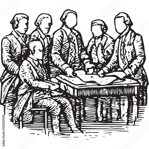 Vintage engraving of men signing historic documents, depicting American Revolution founding moment