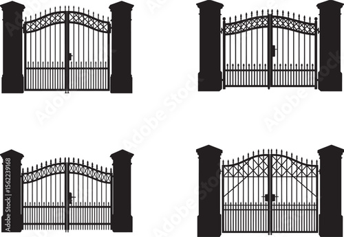 Collection of four black silhouette wrought iron gates with decorative tops and posts