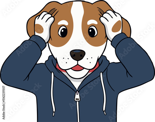 Anxious Beagle Dog in a Blue Hoodie, Paws on Head