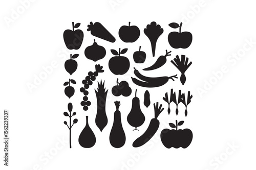 A diverse collection of black silhouettes of fruits and vegetables on a white background