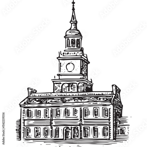 Vintage engraving of Independence Hall, historic American landmark, in classic architectural style