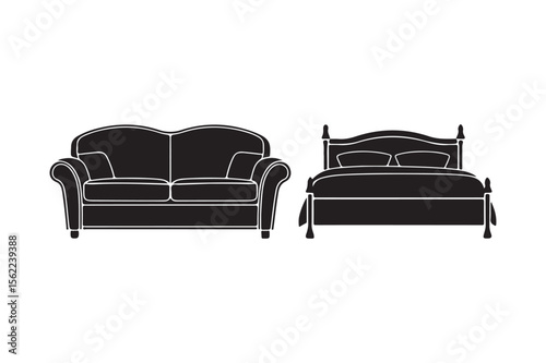 Classic black silhouette of a sofa and a bed on a white background