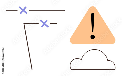 Exclamation triangle, cloud, and crossed lines highlighting caution, disconnection, or error. Ideal for digital risks, failure alerts, hazard signs, cloud safety networking issues IT problems