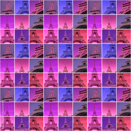 seamless pattern: square tiles with photos of Eiffel Tower in Paris colored in different purple and violet tints