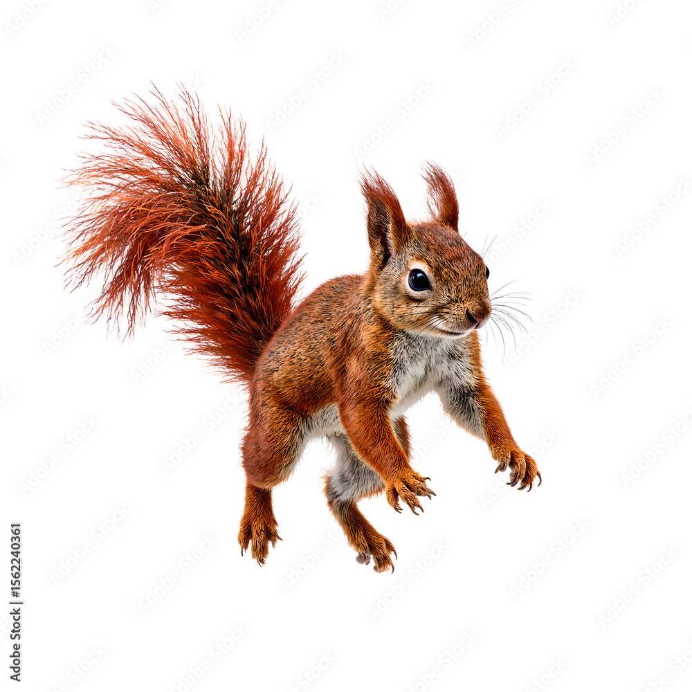 Obraz premium Vivid red squirrel mid leap fur detailed in rich hues sharp claws outstretched bushy tail streaming capturing forest agility