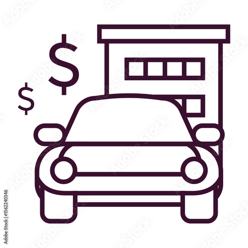 Icon representing car purchase with dollar signs and a building suggesting a dealership or garage
