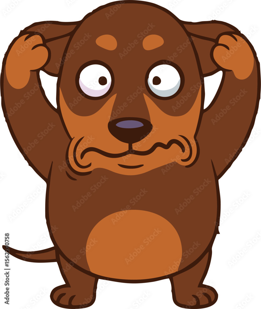 Fototapeta premium Cartoon Dog with Wide Eyes and Hands on Head, Expressing Confusion.