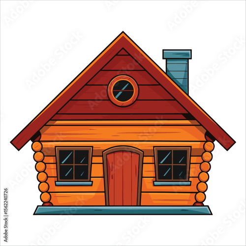 Cozy log cabin with chimney vector illustration. Rustic wooden home perfect for wilderness retreat branding and outdoor adventure themes.