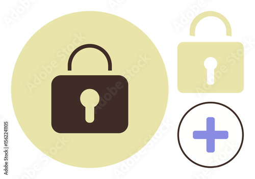 Locked padlock in dark brown and beige tones paired with a plus sign symbol. Ideal for concepts thumbs up security, privacy, protection, safety, trust, access control, simple flat metaphor
