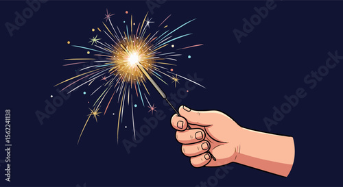 Cartoon Hand Holding a Sparkling, Colorful Sparkler with Radiating Light