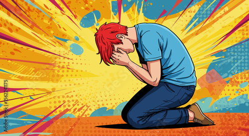 Distressed Young Man Kneeling, Emotional Pain and Despair, Pop Art Style Illustration