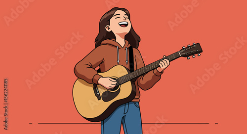 Joyful Young Woman Singing and Playing Acoustic Guitar Illustration
