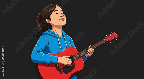 Girl Playing Acoustic Guitar Illustrated Music Portrait