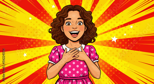 Astonished Girl in Pop Art Style Joyful, Surprised Expression