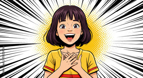 Amazed Girl in Comic Book Style  Joyful Expression, Pop Art Illustration