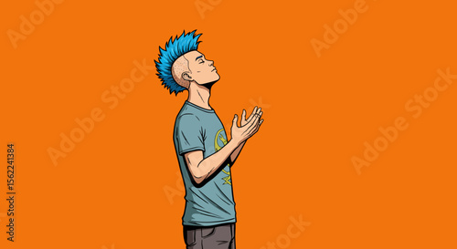 Digital Illustration of a Young Man with Blue Mohawk Praying