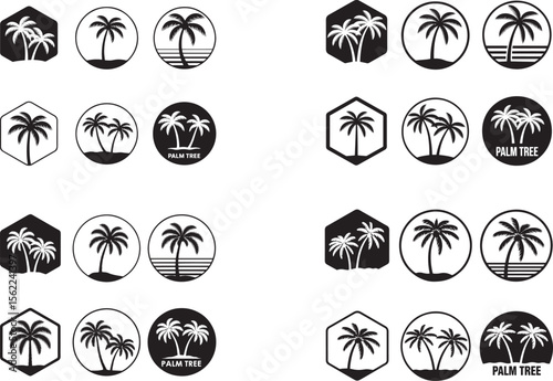 Stylish Black and White Surfing Logo Design with Tropical Palm Trees
